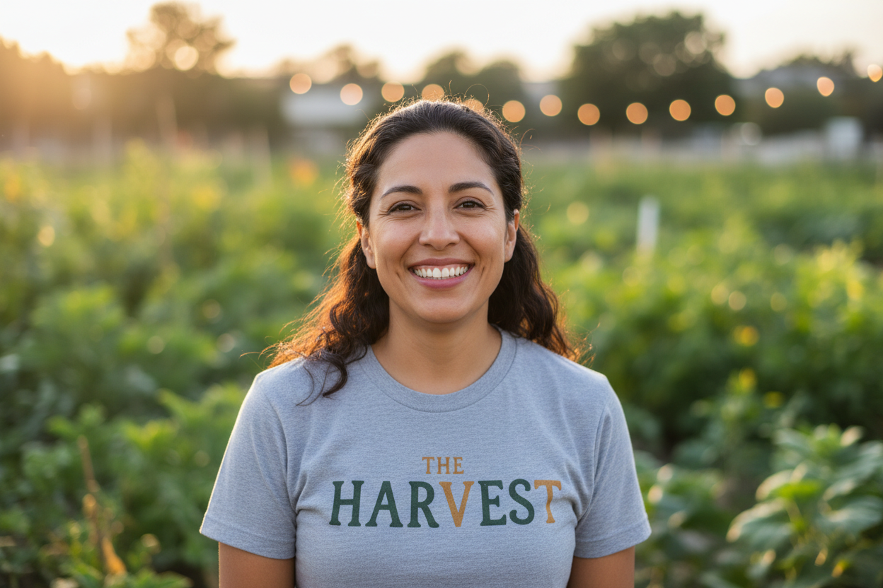Latina woman wearing The Harvest shirt